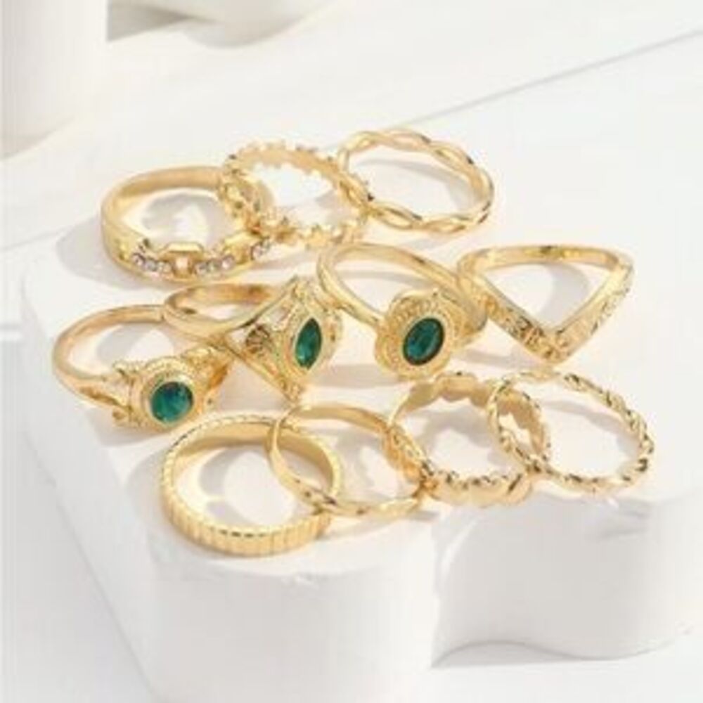 Gold and Green Midi 11pc Ring Set